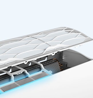 Klimatizáciu LG vidno s otvorenou hornou časťou, ktorá odhaľuje vnútro. Modré neónové svetlo osvetľuje filter vo vnútri. 