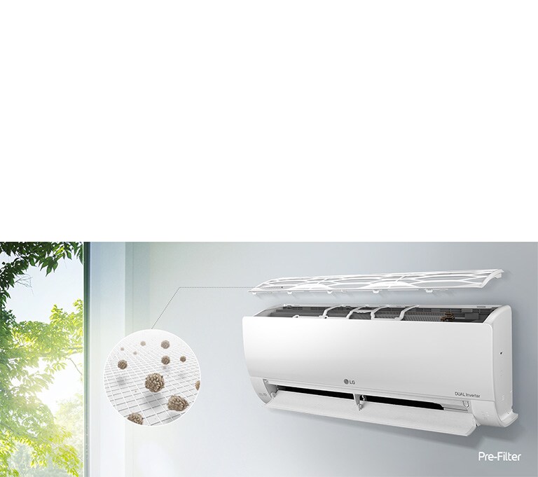 Klimatizácia LG je nainštalovaná na stene a je zobrazená z bočného uhla. Horný panel je umiestnený nad vnútornými filtrami, ktoré sú viditeľné. Čiara z predfiltra vedie k zväčšenému kruhu, ktorý znázorňuje prach zachytený v predfiltri. Logo Pre-Filter je znázornené v pravom dolnom rohu.