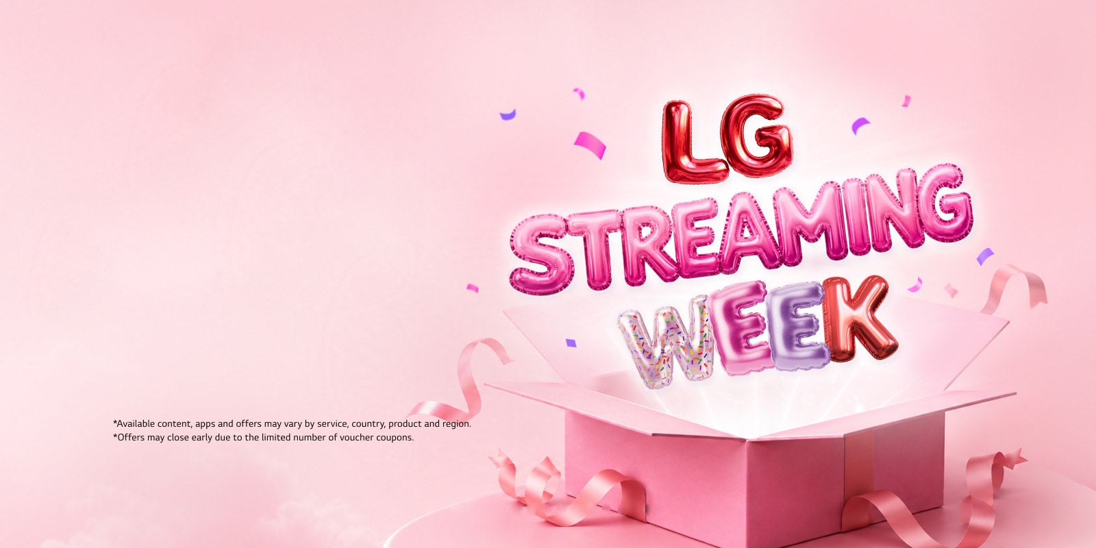 Farebné písmo v tvare balónov „LG Streaming Week“ sa dvíha z otvorenej ružovej darčekovej krabice, obklopené stuhami a konfetami na jemnom ružovom pozadí.