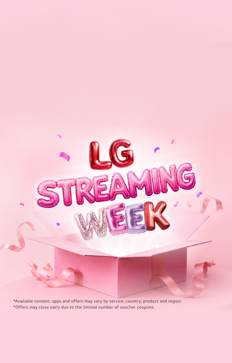 Farebné písmo v tvare balónov „LG Streaming Week“ sa dvíha z otvorenej ružovej darčekovej krabice, obklopené stuhami a konfetami na jemnom ružovom pozadí.