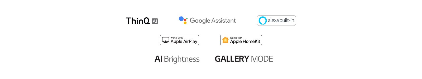 The mark of LG ThinQ, The mark of Google Assitant, The mark of Apple AirPlay, The mark of Apple Homekit, The mark of alexa built-in, The mark of AI Brightness, The mark of GALLERY MODE