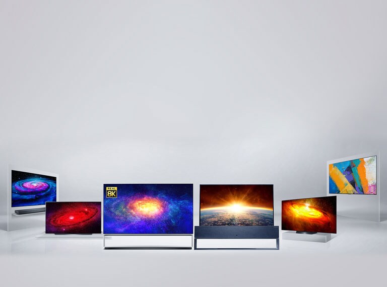 Modely televízorov LG OLED WX, CX, ZX, R, BX a GX TV rozmiestnené v priestore.