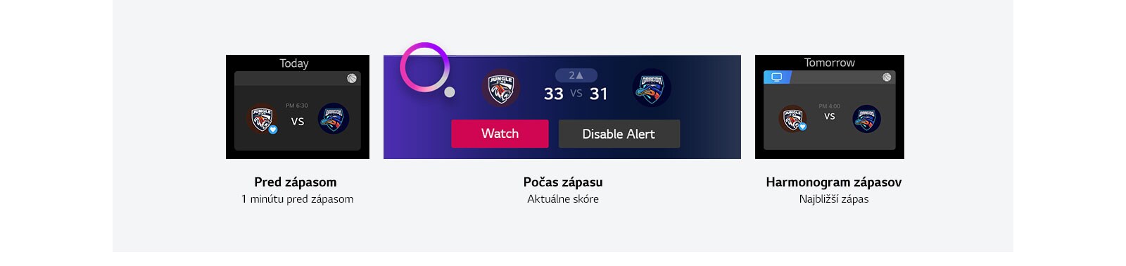 Sports alert that shows up during the game giving updates of the score, Sports alert that shows matchup scheduling information, A sports alert of other matches' score pops up at the left bottom of the TV while a couple watching the basketball game on TV
