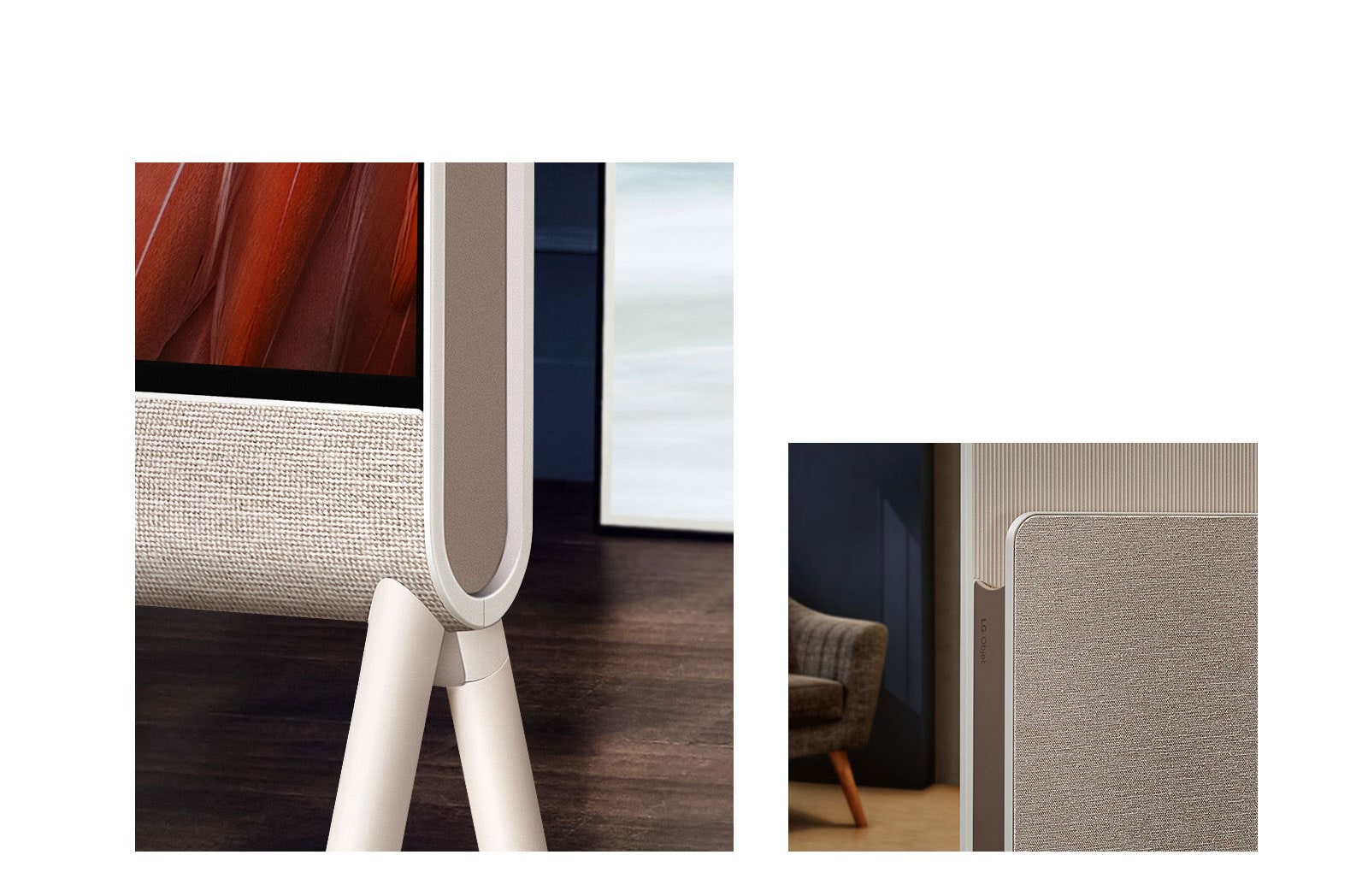 Detailný záber spredu na televízor Posé so zameraním na látku, v pozadí vidieť drevenú podlahu. Detailný záber na látku na zadnej polici a na logo LG Objet, v pozadí vidieť kreslo.