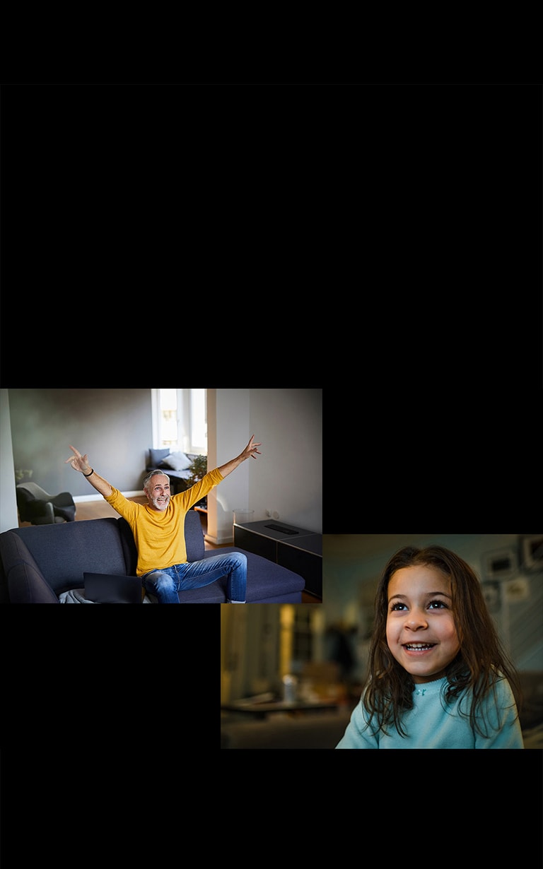 Na obrázku v ľavom hornom rohu starý otec sedí na pohovke v obývačke a niečo spokojne sleduje. Dievča niečo spokojne sleduje.