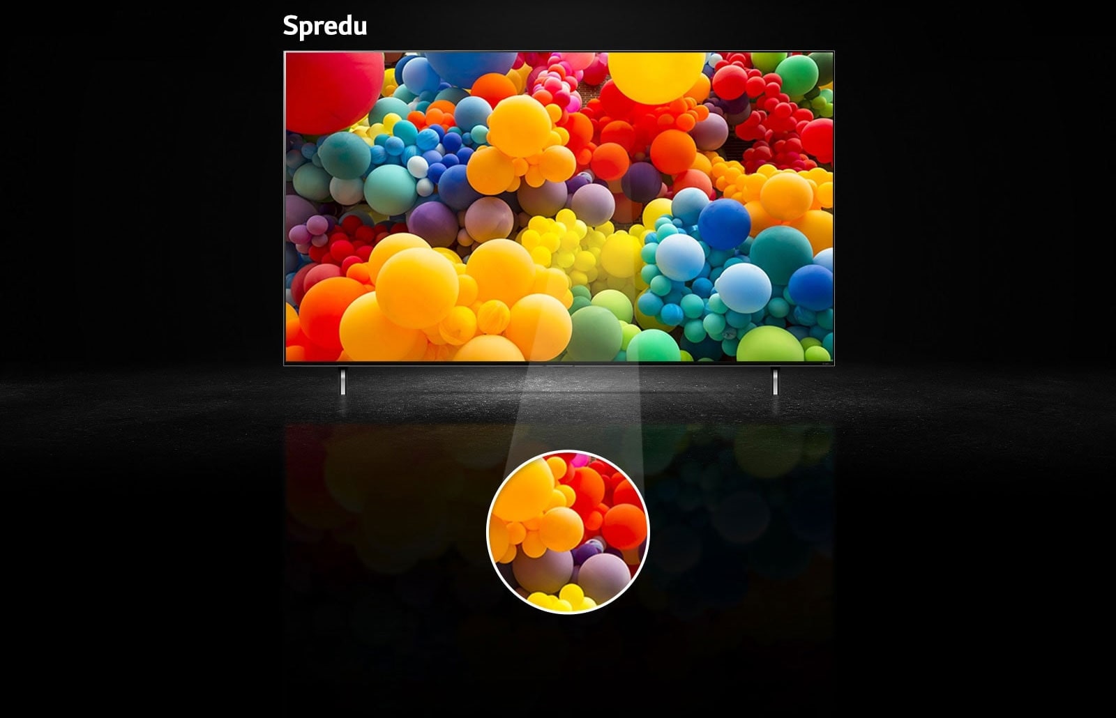 Pohľad spredu na obrazovku QNED s množstvom dúhových balónov. Nad televízorom sa zobrazuje text: Spredu. V strednej časti obrazovky je zvýraznený kruh.