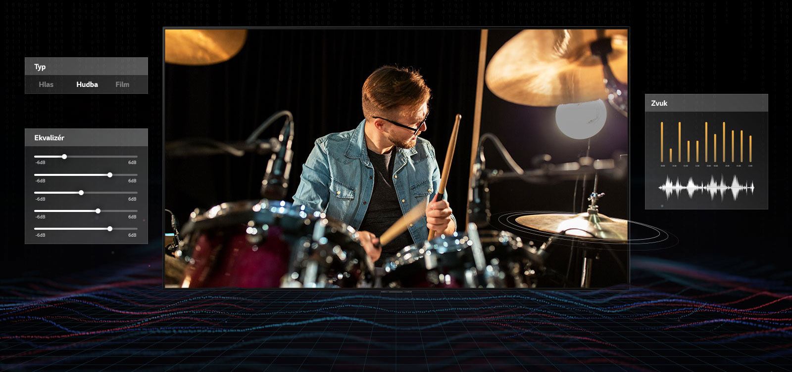 Muž v okuliaroch hrá na bicie a po oboch stranách sú zobrazené grafické prvky nastavenia zvuku