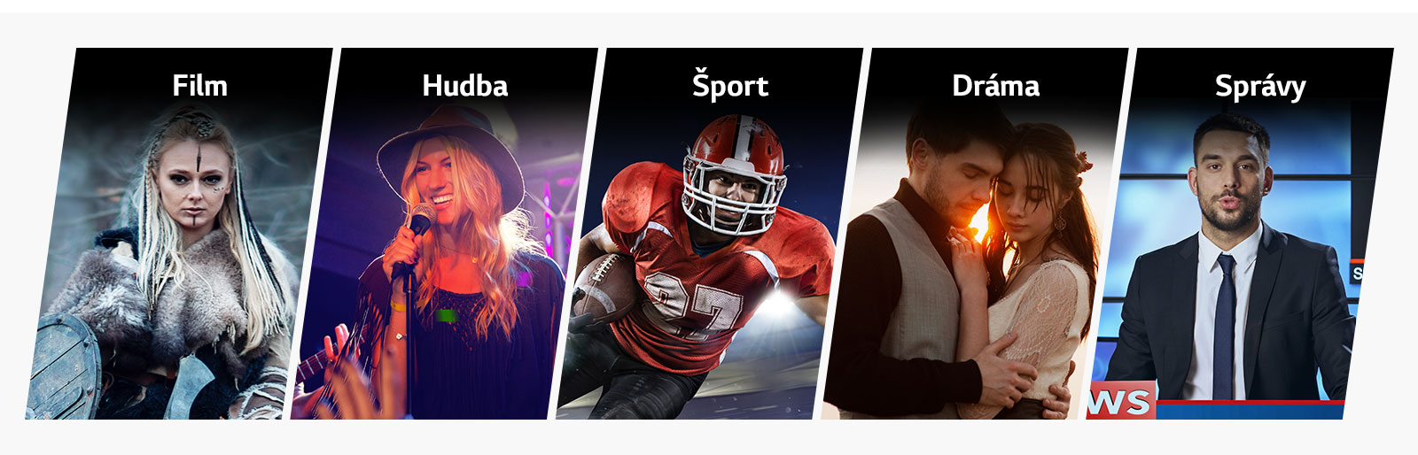 Päť vertikálnych kariet s rôznymi titulmi pre kategórie Film, Hudba, Šport, Dráma a Správy