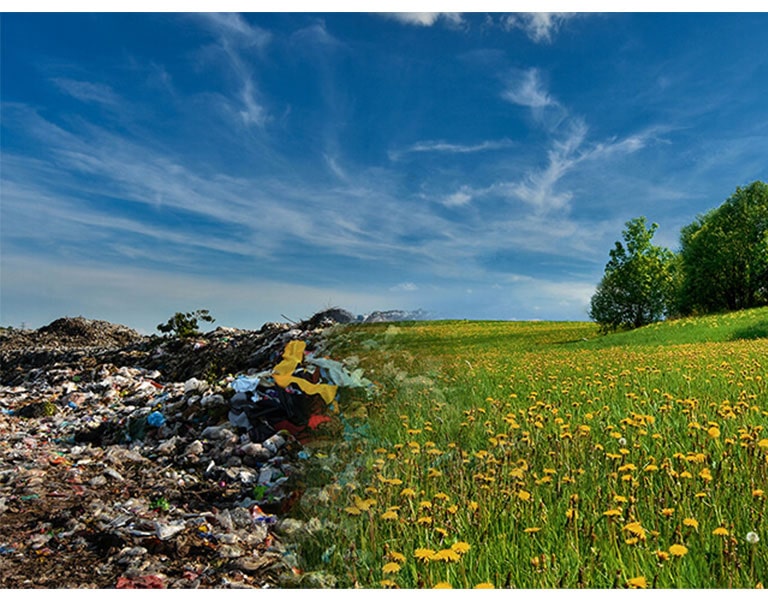 Zobrazuje dva kontrastné výjavy: skládku textilu a lúku plnú kvetov.