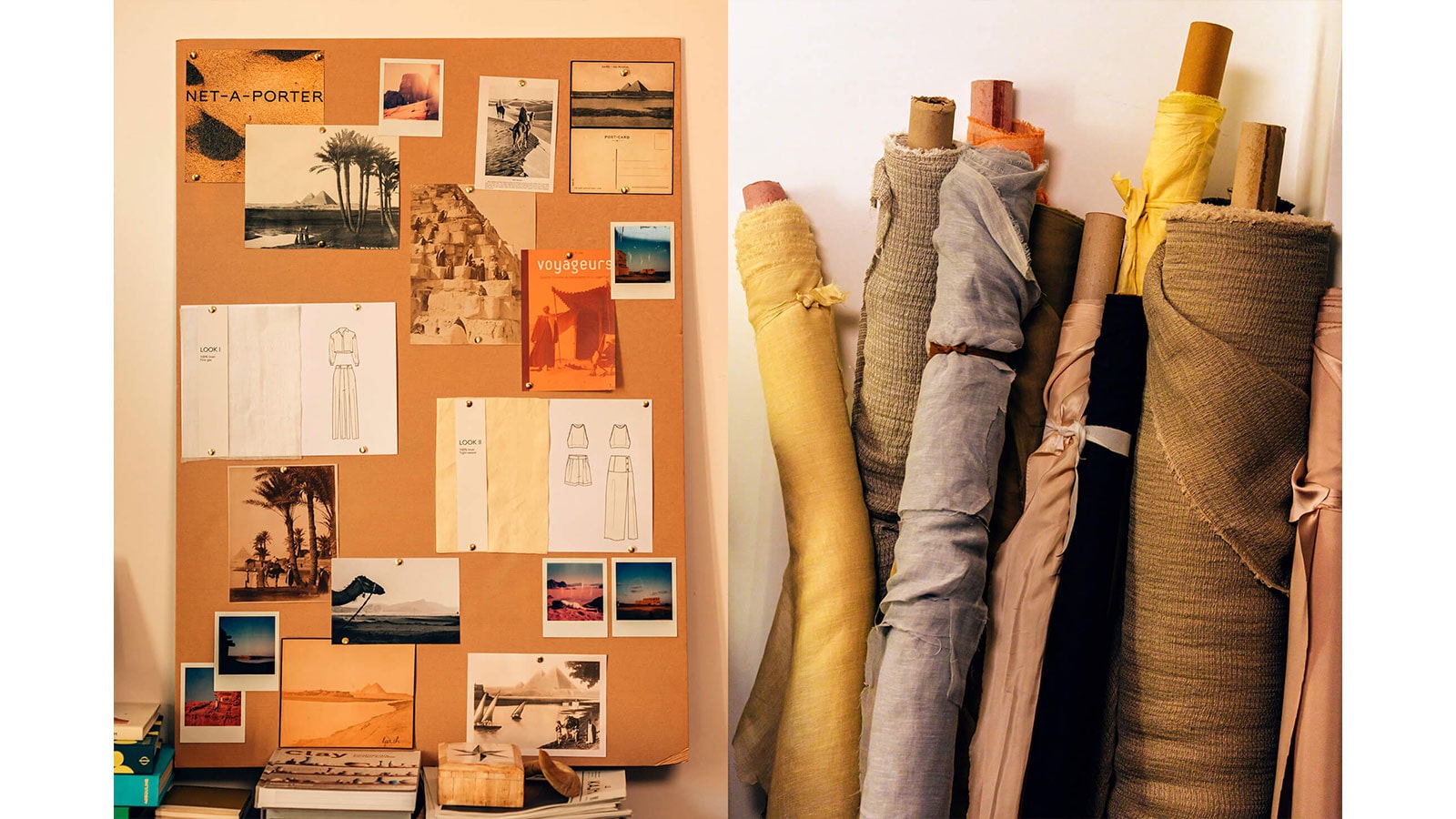 Obrázok moodboardu a úhľadne poskladaných zrolovaných organických látok vedľa seba.