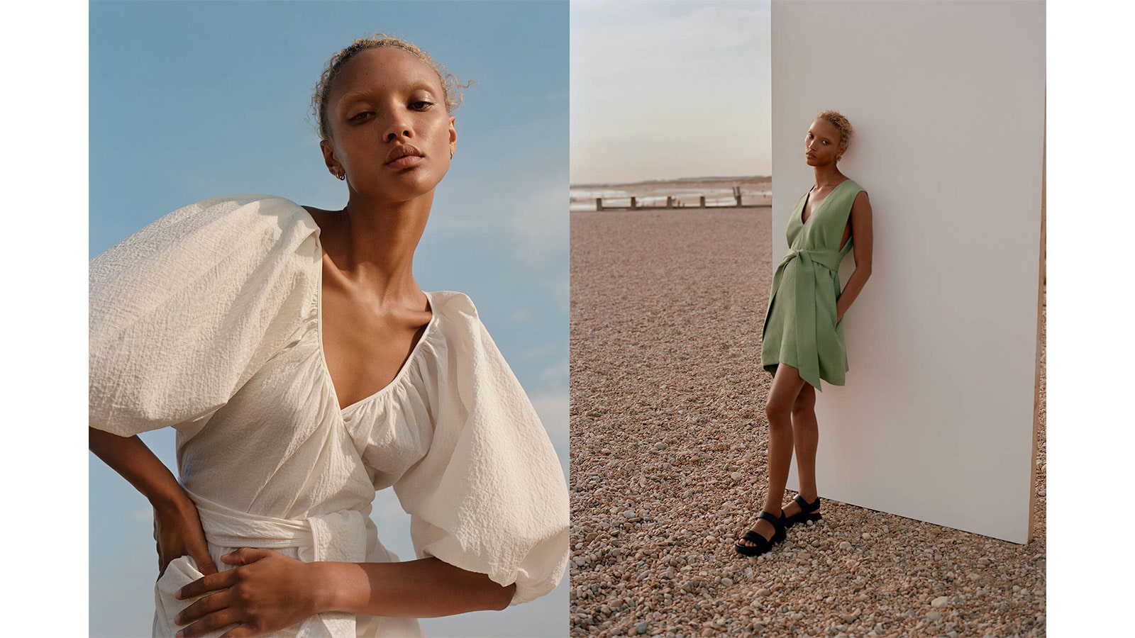 Dva obrázky modelky, ktorá má na sebe kúsky z minimalistickej kolekcie Winter Sun. 