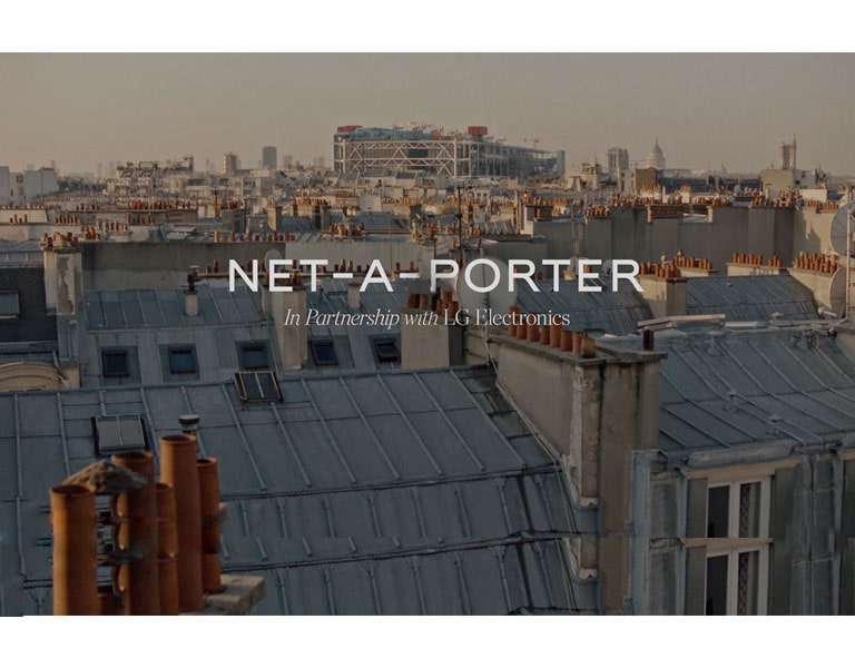 Názov videa "NET-A-PORTER v spolupráci so spoločnosťou LG Electronics" sa zobrazuje na pozadí mapy Európy.