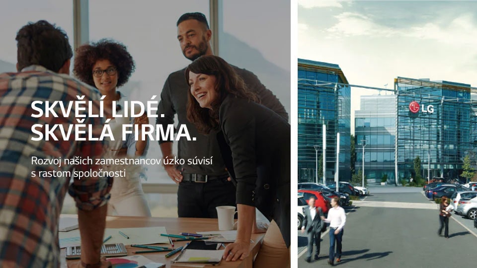 Four people gathered around a table for a meeting on the left, LG Electronic's UK office on the right. Text reads "Skvělí lidé. Skvělá firma. Rozvoj našich zaměstnanců je úzce spojne s rozvojem firmy".