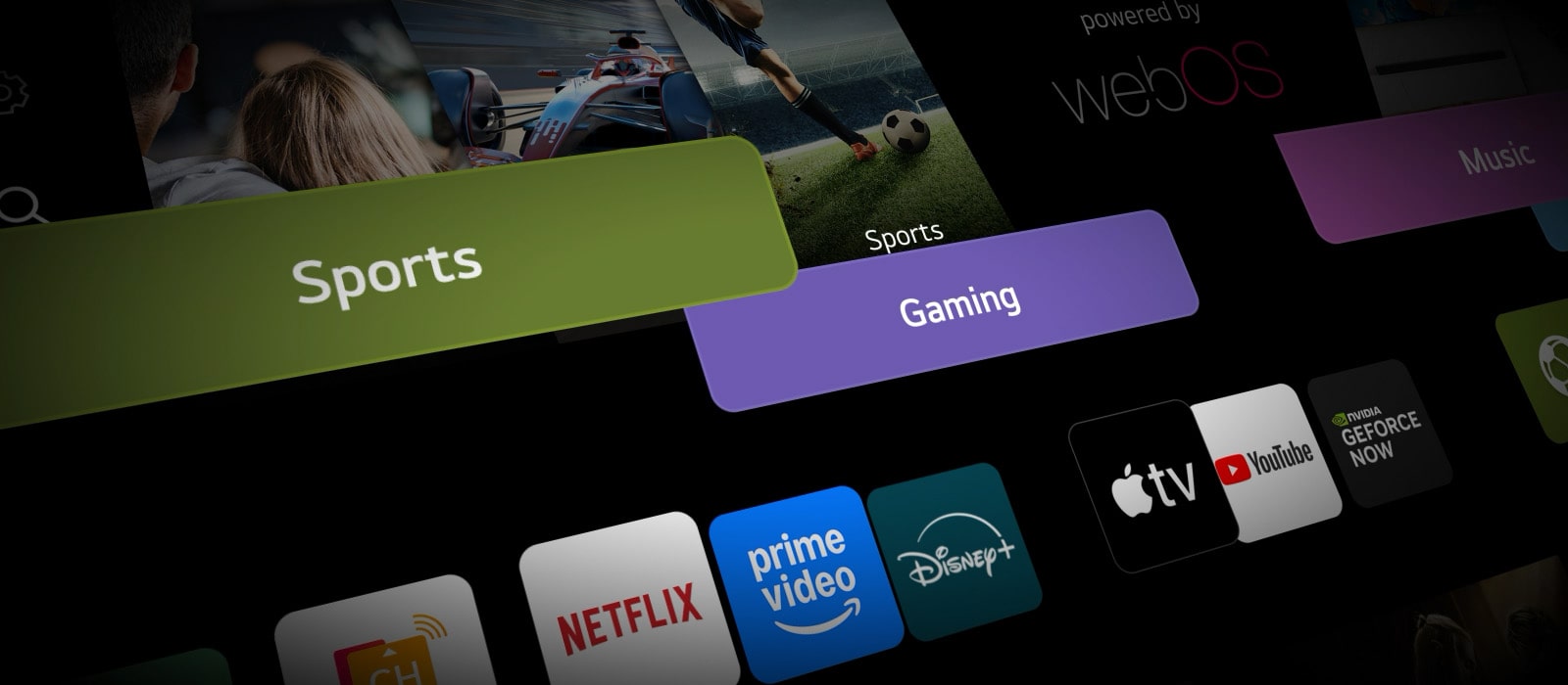 Rozhranie televízora LG Smart TV s animovanými oknami kategórií, ktoré plynule prechádzajú na domovskú obrazovku systému webOS a zobrazujú prístup k personalizovanému obsahu prostredníctvom jednotného inteligentného centra.