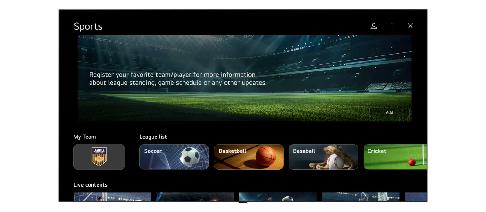 "Obrazovka nastavení televízora LG TV zobrazuje rozhranie funkcie Sports Portal. Sekcia „Môj tím“ sa dynamicky rozbalí a zbalí a nasleduje plynulé posúvanie nadol cez rôzne športové kanály a obsah dostupné na výber.	"