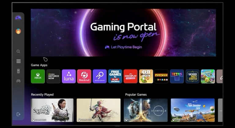 Televízor LG TV zobrazuje obrazovku funkcie Gaming Portal. Obsah sa posúva nadol cez dostupné hry a funkcie. Video znázorňuje používateľa, ako prechádza do ponuky nastavení vľavo, v ktorej sú zobrazené rôzne možnosti hrania vrátane služieb GFN, Luna, Blacknut, Boosteroid a Xbox.