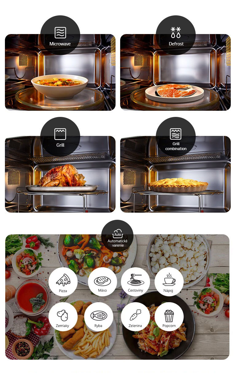 Pripravujú sa jedlá pomocou 4 režimov mikrovlnnej rúry a 8 ikon ponuky automatického varenia.