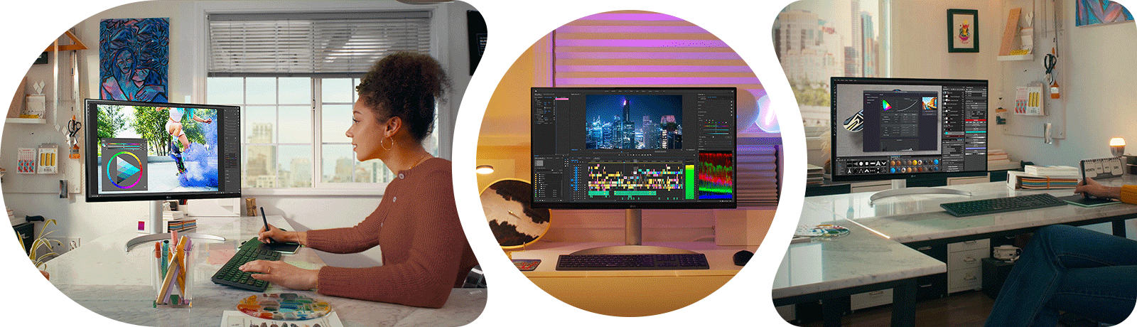 Scéna z programu Photoshop, streamovania a upravovania videa s modelom 27UQ850V.	
