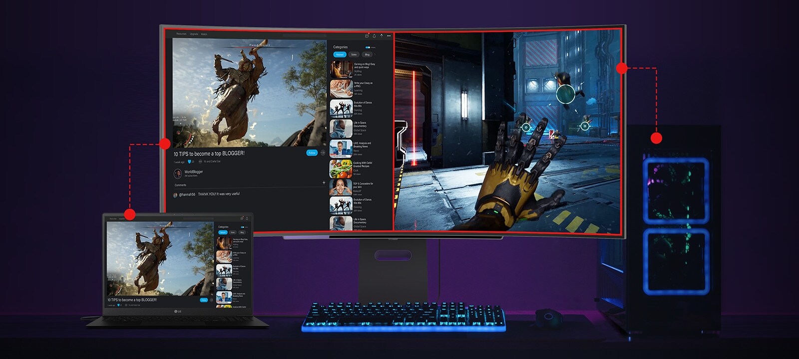 Rozdelená obrazovka s obsahom z notebooku a PC.	