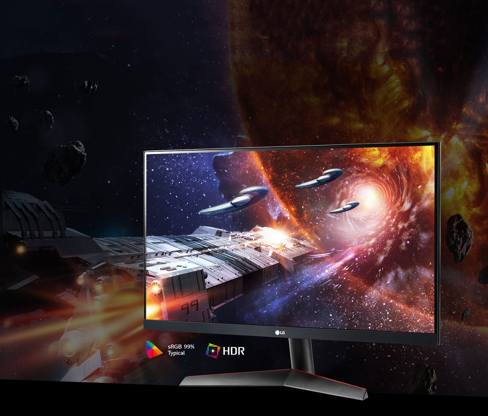 scéna z&nbsp;hry so sýtymi farbami a&nbsp;vysokým kontrastom na monitore, ktorý podporuje technológiu hdr10 s&nbsp;99&nbsp;% pokrytím priestoru farieb srgb (typ.) 