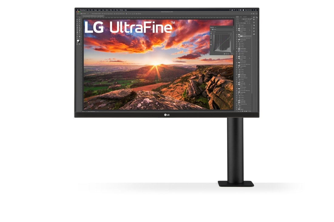 LG 27-palcový monitor IPS s rozlíšením UHD 4K Ergo s rozhraním USB-C™, pohľad spredu so stojanom monitora napravo, 27UN880-B