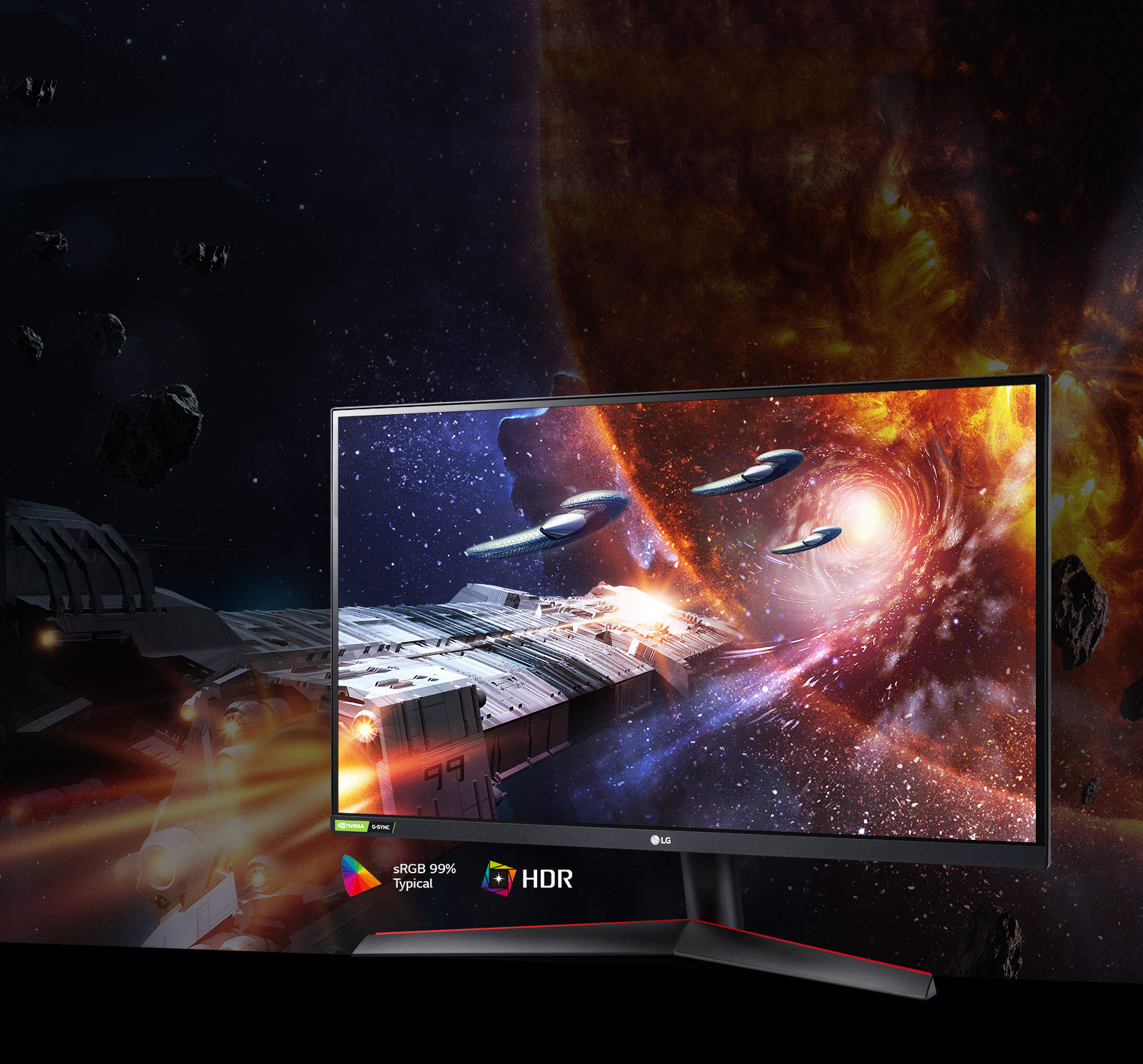 Scéna z&nbsp;hry so sýtymi farbami a&nbsp;vysokým kontrastom na monitore, ktorý podporuje technológiu HDR10 s&nbsp;99% pokrytím priestoru farieb sRGB (typ.) 