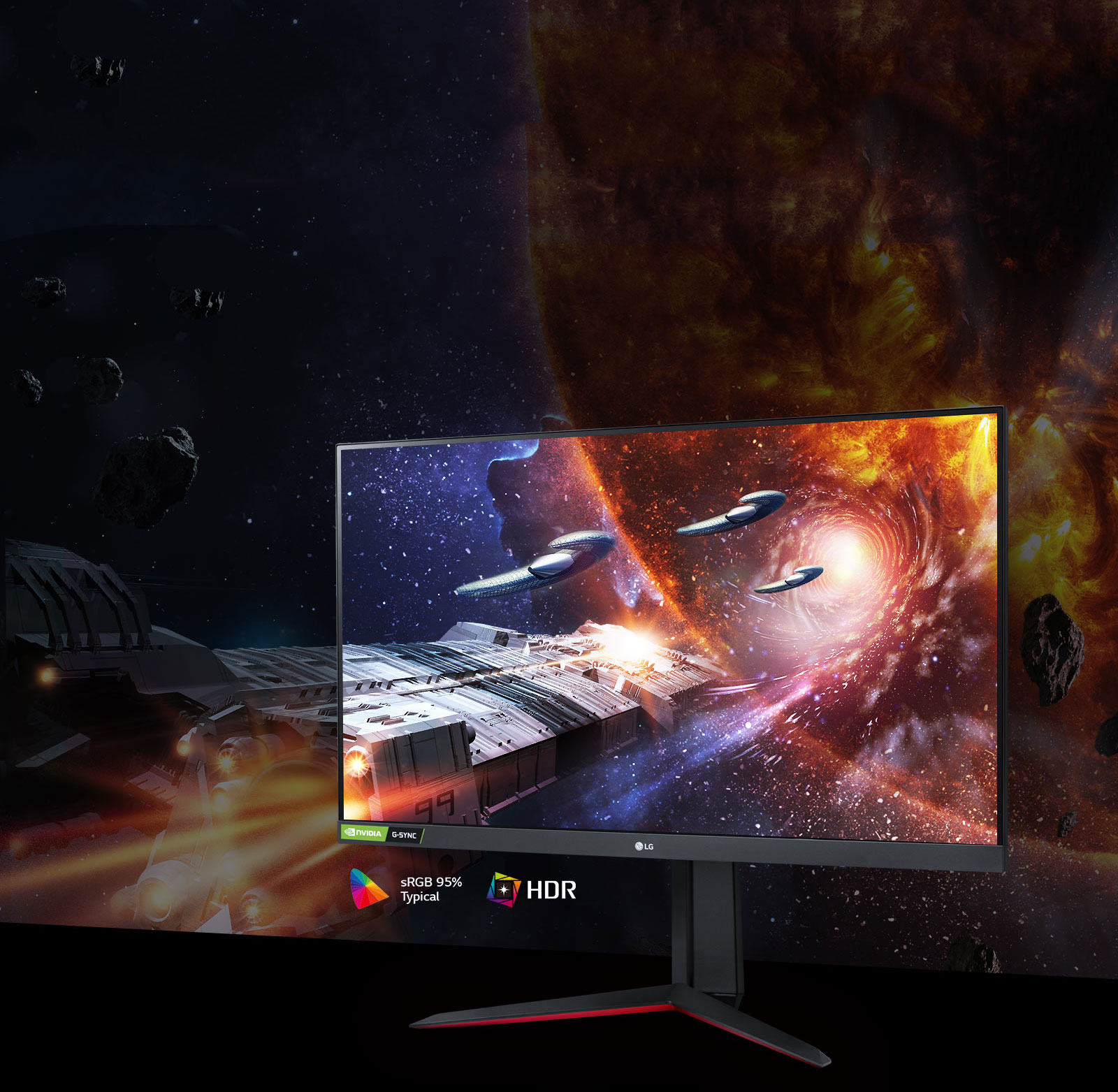 Scéna z hry so sýtymi farbami a vysokým kontrastom na monitore, ktorý podporuje technológiu HDR10 s 95% pokrytím priestoru farieb sRGB (typ.) 