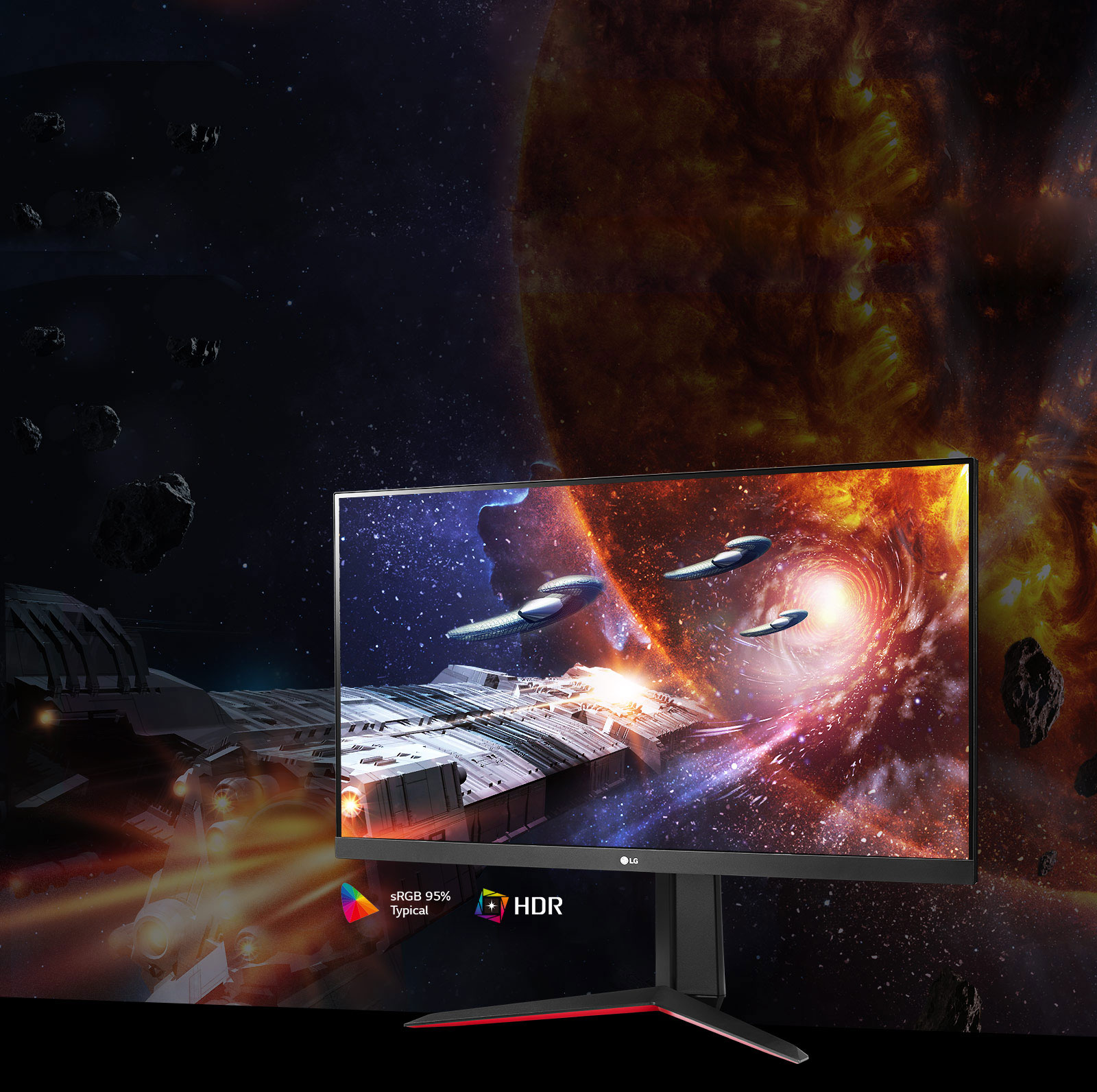 Scéna z&nbsp;hry so sýtymi farbami a&nbsp;vysokým kontrastom na monitore, ktorý podporuje technológiu HDR10 s&nbsp;95&nbsp;% pokrytím priestoru farieb sRGB (typ.) 