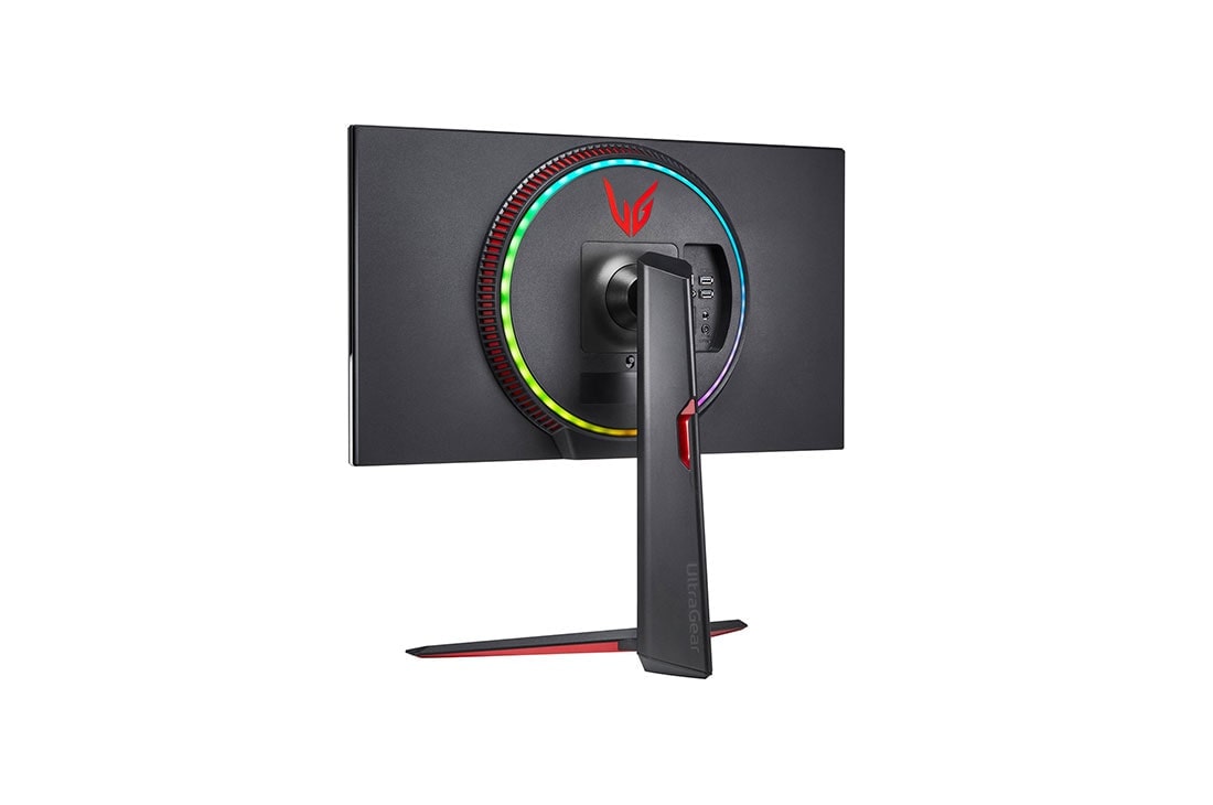 LG 27-palcový herný monitor Nano IPS UltraGear™ s&nbsp;rozlíšením UHD 4K a&nbsp;časom odozvy (GtG) 1&nbsp;ms s technológiou VESA DSC, pohľad 2 zozadu z perspektívy s funkciou Sphere Lighting 2.0 v dúhových farbách, 27GN950-B, thumbnail 9