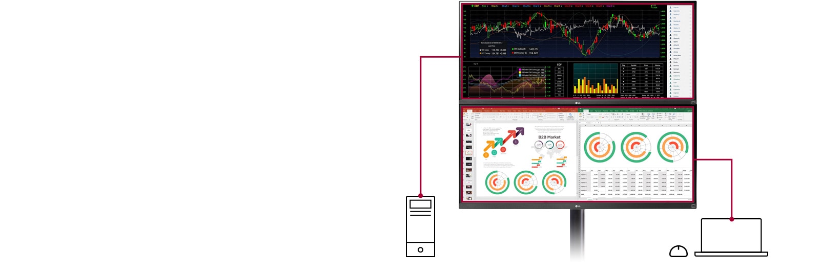 Viacero zariadení pripojených k vertikálne otočeným dvom monitorom