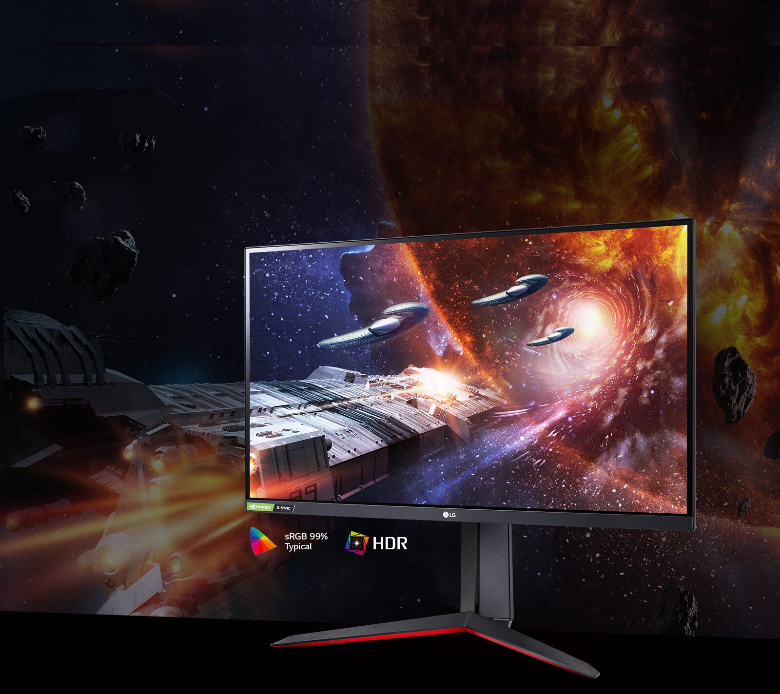 Scéna z&nbsp;hry so sýtymi farbami a&nbsp;vysokým kontrastom na monitore, ktorý podporuje technológiu HDR10 s&nbsp;99% pokrytím priestoru farieb sRGB (typ.) 