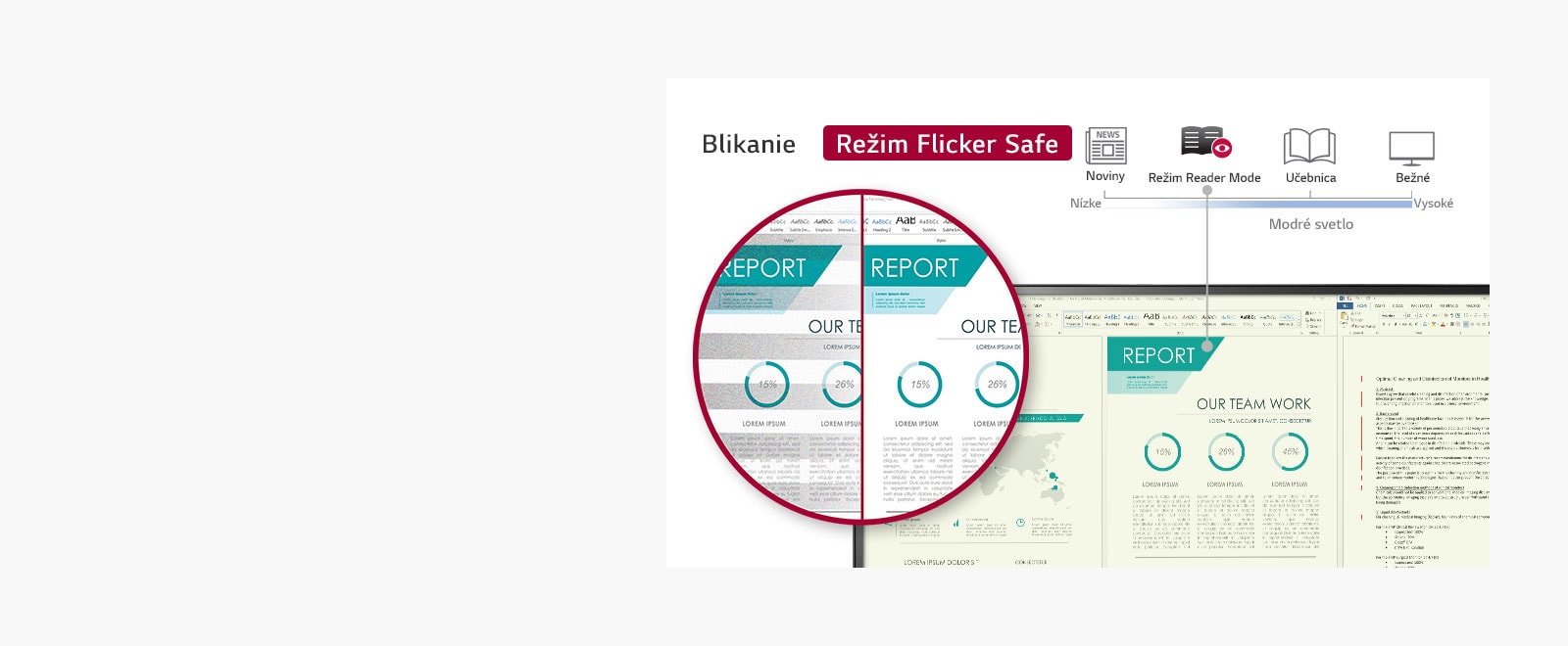 Režim Flicker Safe a Reader Mode