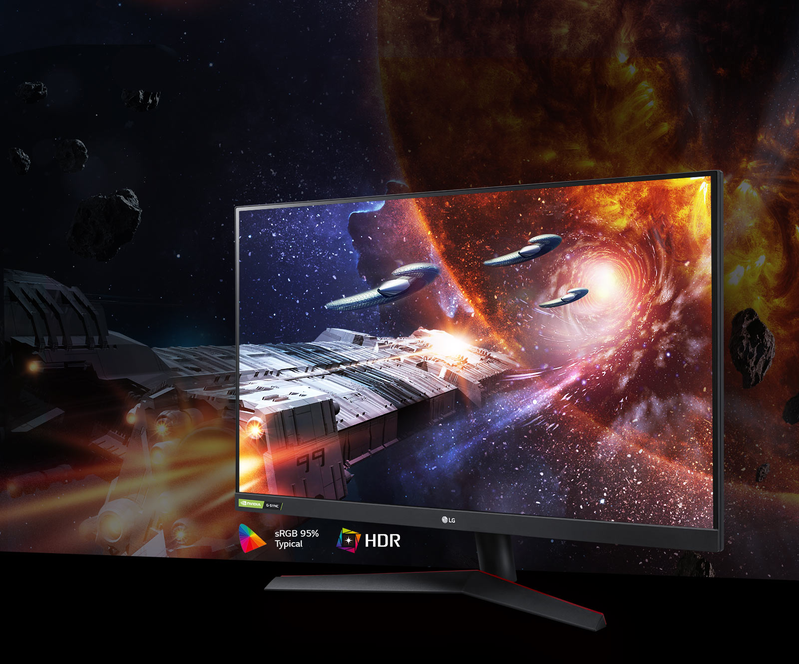 Scéna z&nbsp;hry so sýtymi farbami a&nbsp;vysokým kontrastom na monitore, ktorý podporuje technológiu HDR10 s&nbsp;95&nbsp;% pokrytím priestoru farieb sRGB (typ.)