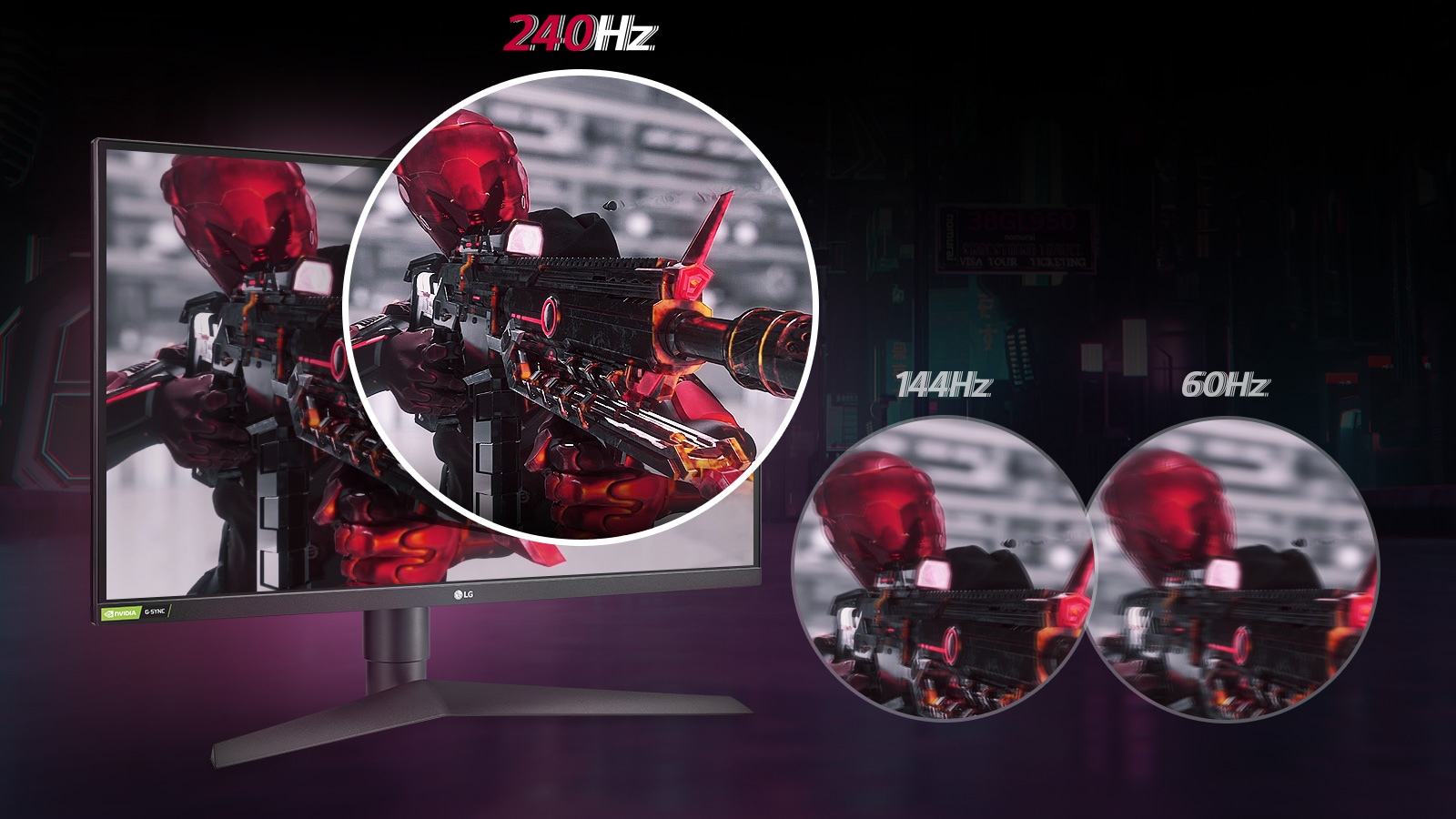 Porovnanie plynulosti pohybu v hrách na dvoch identických scénach pri obnovovacej frekvencii 60&nbsp;Hz,144&nbsp;Hz a 240&nbsp;Hz