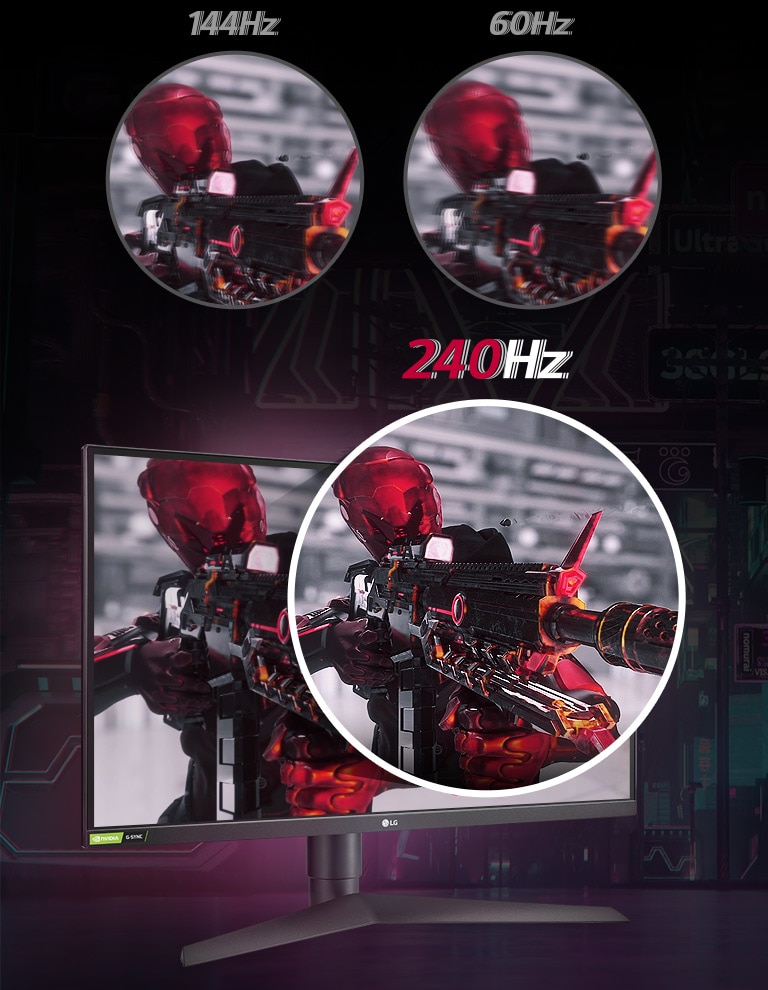 Porovnanie plynulosti pohybu v hrách na dvoch identických scénach pri obnovovacej frekvencii 60&nbsp;Hz,144&nbsp;Hz a 240&nbsp;Hz