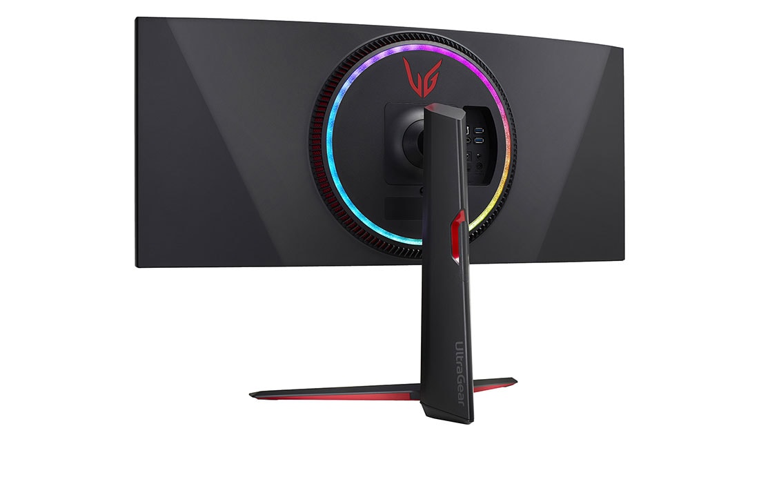 LG 34'' LG UltraGear herný monitor s IPS displejom., pohľad zozadu z&nbsp;perspektívy so zapnutými farebnými svetlami, 34GP950G-B, thumbnail 9