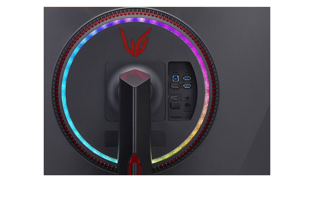 LG 34'' LG UltraGear herný monitor s IPS displejom., pohľad zblízka na porty so zapnutými farebnými svetlami, 34GP950G-B, thumbnail 11