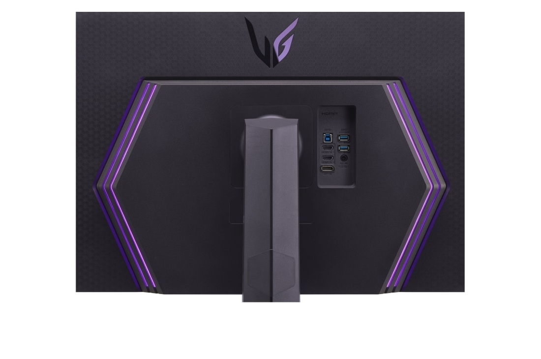 LG 32-palcový herný monitor UltraGear™ s rozlíšením UHD 4K a technológiou VESA DisplayHDR™ 1000, pohľad zblízka na porty so zapnutými svetlami, 32GQ950-B, thumbnail 11