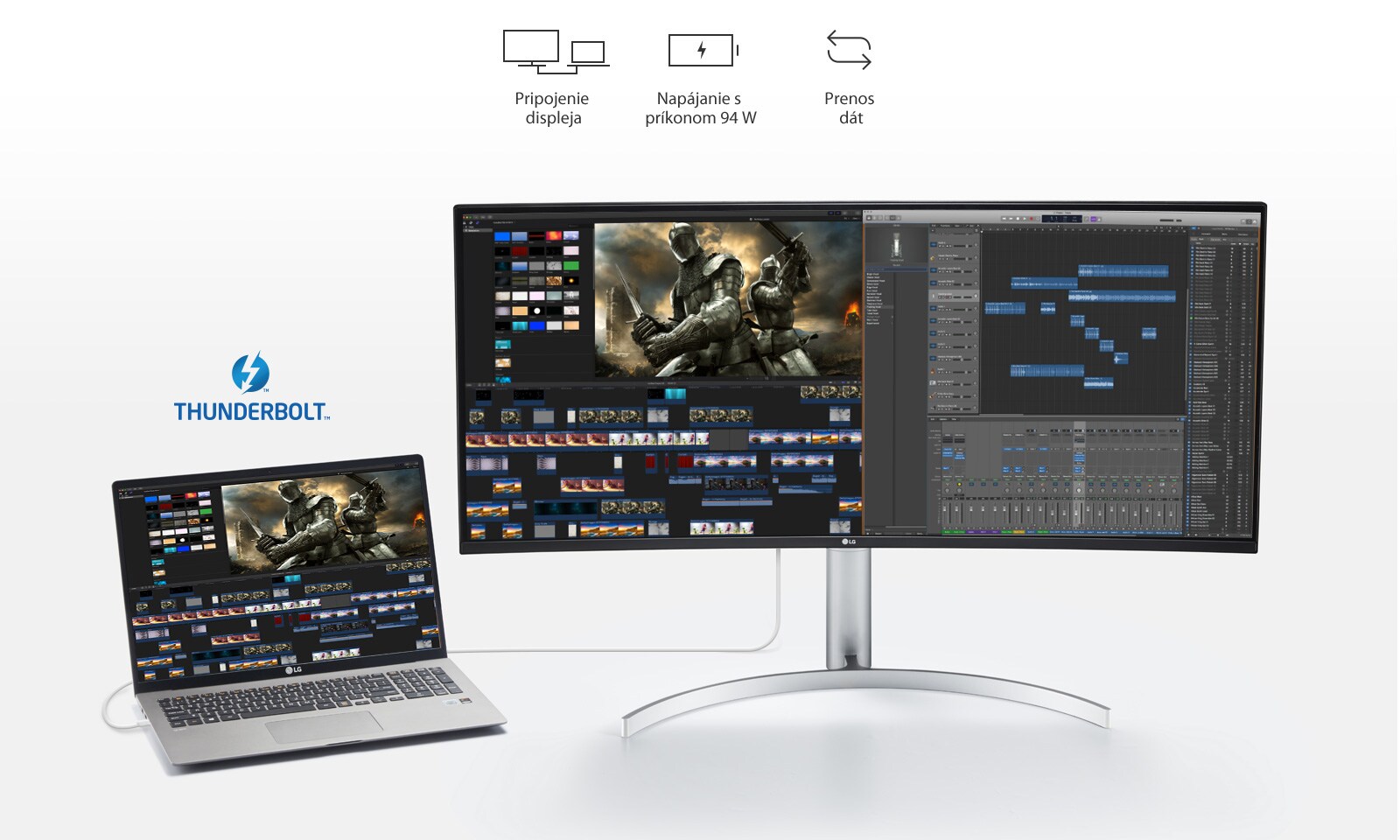 Pripojenie displeja |  Napájanie s príkonom 94 W | Prenos dát (Obrázok loga) THUNDERBOLT™