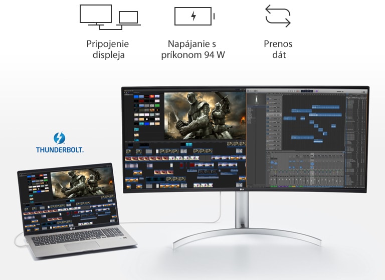 Pripojenie displeja |  Napájanie s príkonom 94 W | Prenos dát (Obrázok loga) THUNDERBOLT™