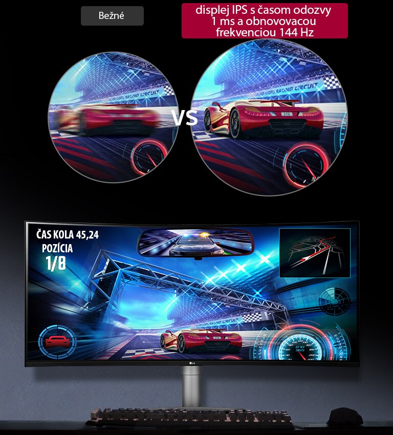 (Text na obrazovke zo záberom z hry) ČAS KOLA 45,24 / POZÍCIA 1/8  Obraz na bežnom displeji vs obraz na displeji IPS s časom odozvy 1 ms a obnovovacou frekvenciou 144 Hz