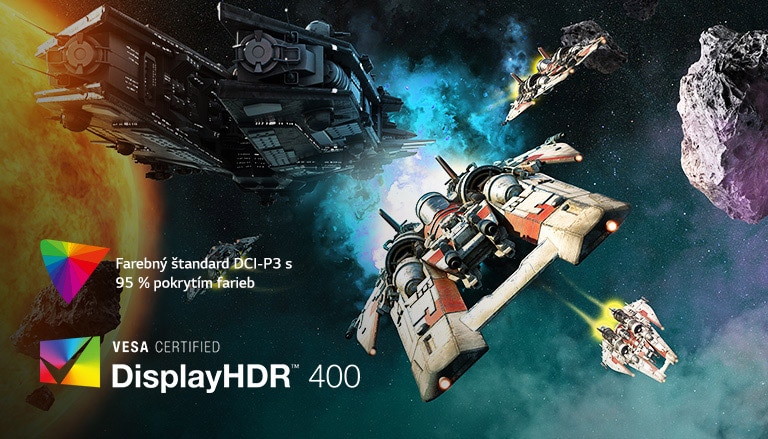 Zobrazuje vesmírne lode vo vesmíre. Obraz je veľmi jasný a farebný.