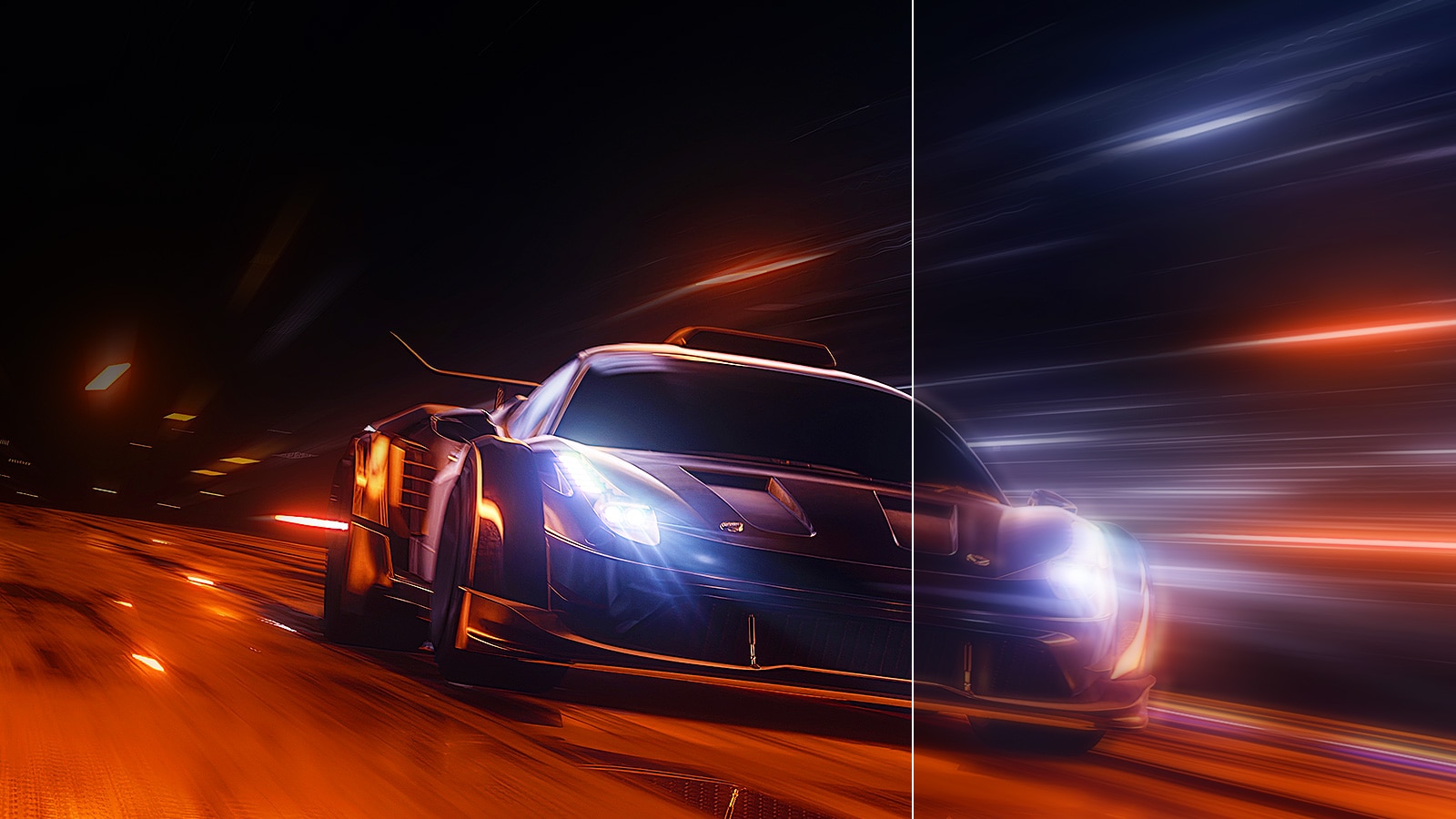 De afbeelding toont de 144Hz refreshrate. De helft van het beeld toont duidelijk de snel rijdende auto, terwijl de andere helft de tegenstander toont.