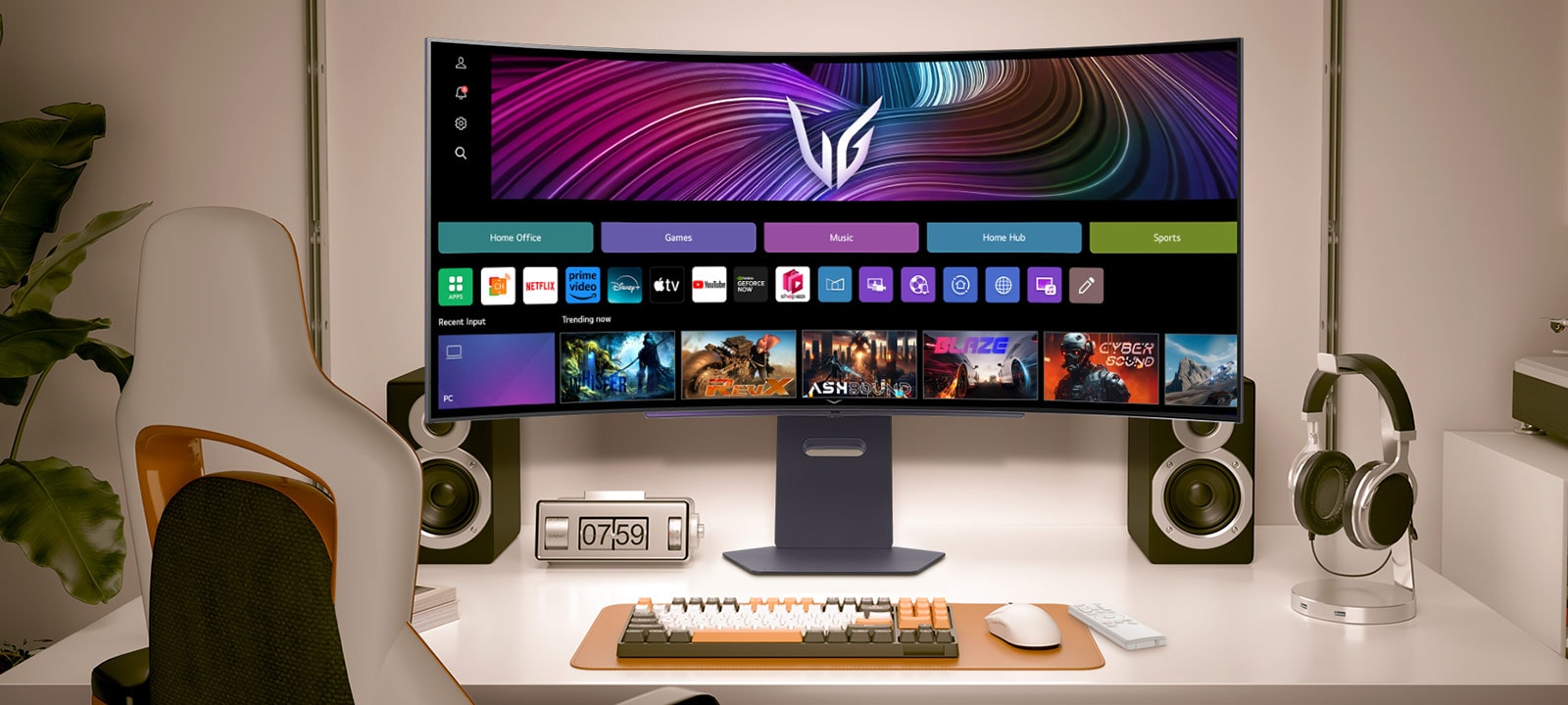 The video shows a front-facing monitor on a desk, alternating between webOS images and gameplay visuals.	