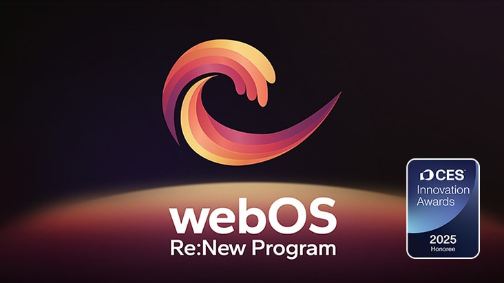 Propagačná grafika pre webOS Re:New Program, obsahujúca jej farebné logo a odznak CES 2025 Innovation Award. Text zvýrazňuje ročné inovácie na 5 rokov a vylepšenú bezpečnosť prostredníctvom webOS.
