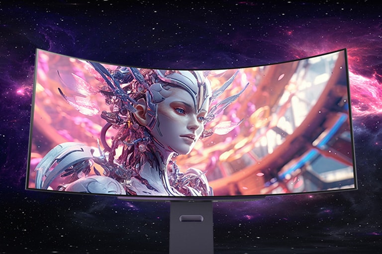 Animované video prechádzajúce z pohľadu spredu na pohľad zhora na zakrivený monitor.