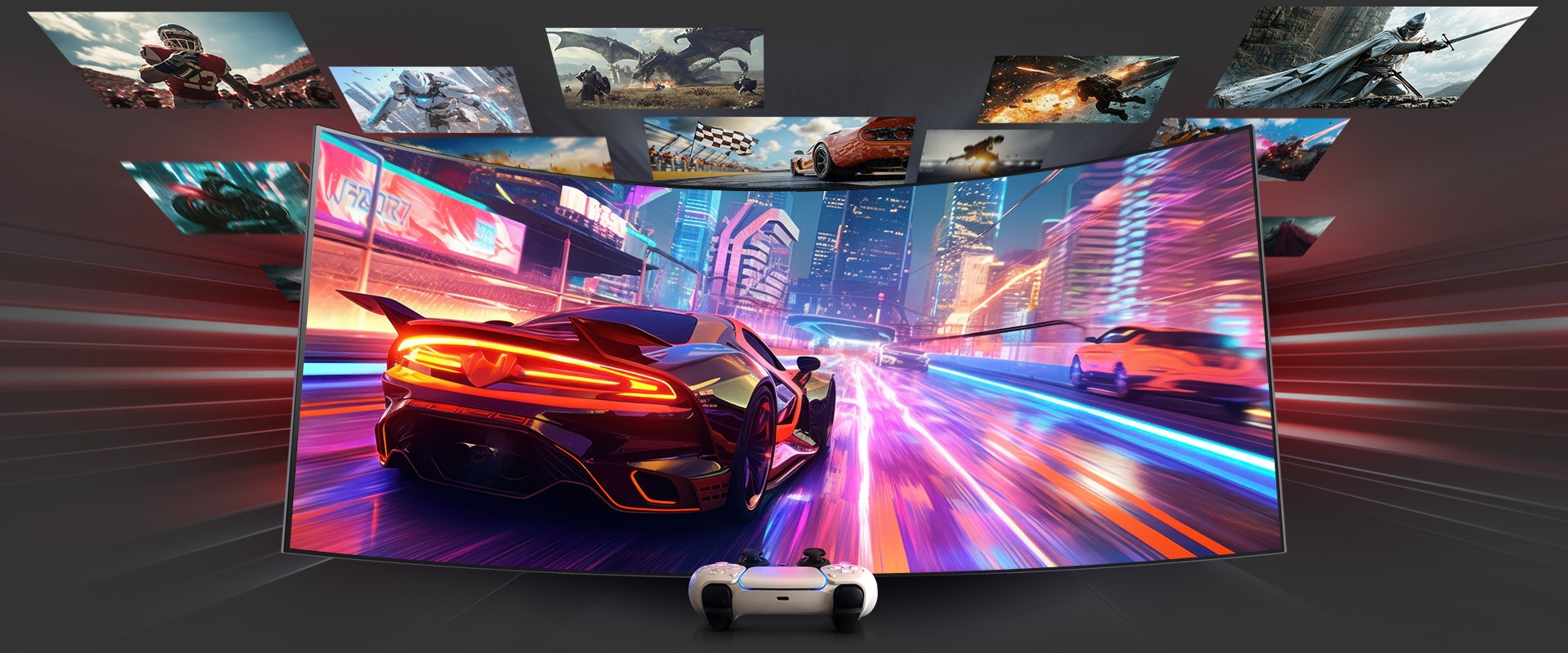 Zakrivený herný monitor zobrazuje pretekársku hru s červeným superautom v neónovo svietiacom meste. Okolo obrazovky sa vznášajú ďalšie herné scény. Vpredu je umiestnený biely konzolový ovládač, zvýrazňujúci hranie na konzole.
