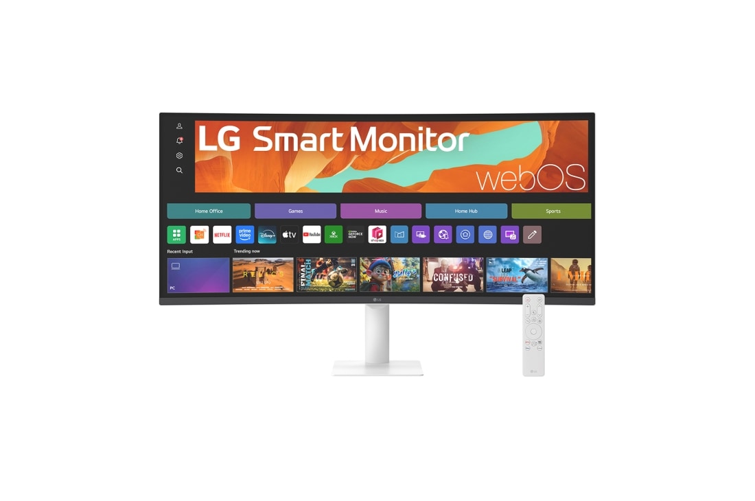 LG Smart Monitor 34-palcový zakrivený displej WQHD na streamovanie 34U601SA s webOS, Pohľad spredu s diaľkovým ovládačom, 34U601SA-W, thumbnail 14