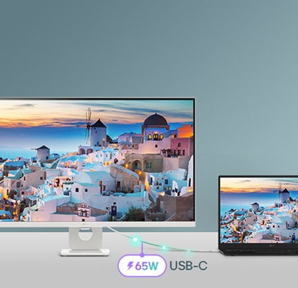 Fotografia zobrazujúca inteligentný monitor pripojený k notebooku cez USB-C, ktorý slúži na nabíjanie a prenos dát.