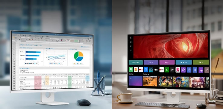 Fotografia predstavujúca monitory LG Smart v kancelárii a doma.